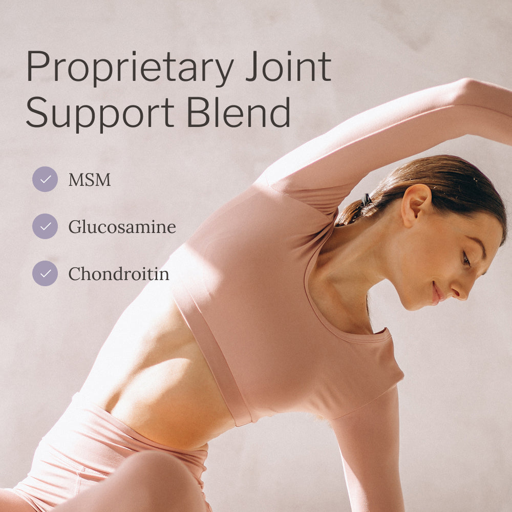 Woman stretching with text about proprietary joint support blend containing MSM, Glucosamine, and Chondroitin on a light background.