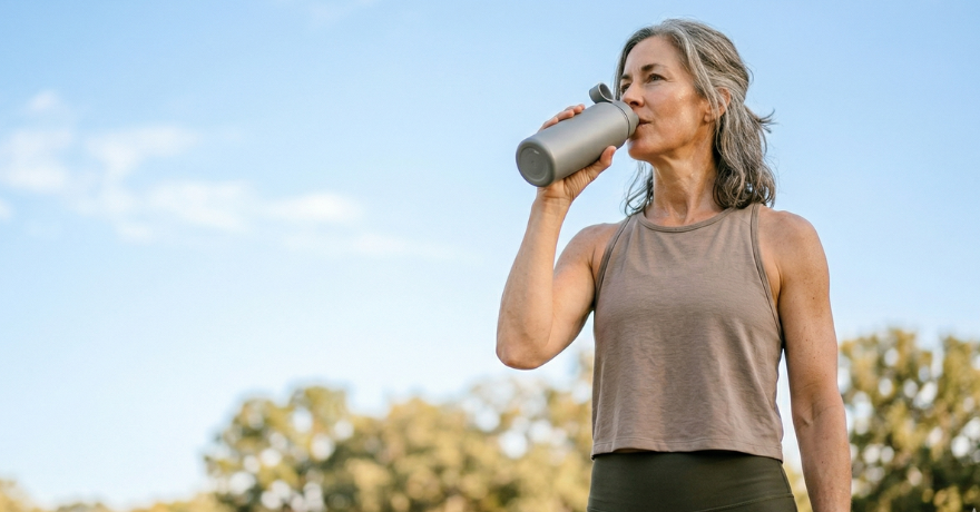 woman sipping water bottle