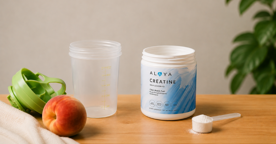 alaya multi collagen on counter with workout shaker