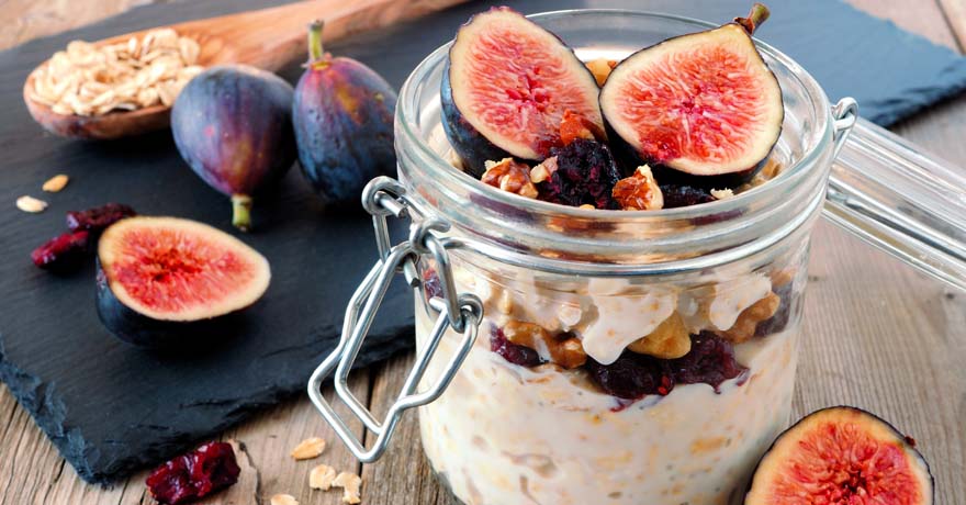 Overnight oats topped with Figs in a glass jar