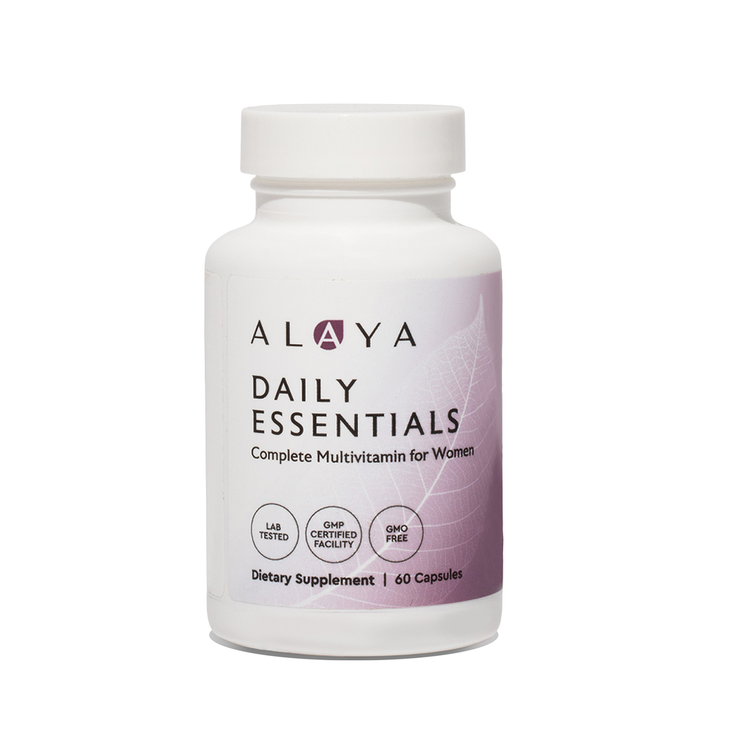 Alaya Daily Essentials supplement bottle on a clear background #hide