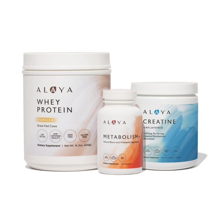 Alaya Naturals Whey Protein, Creatine and Metabolism+ products on a white background