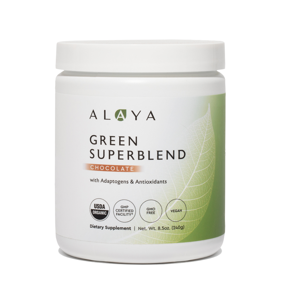 Alaya Green Superblend Plain supplement bottle on a white background #flavor_chocolate