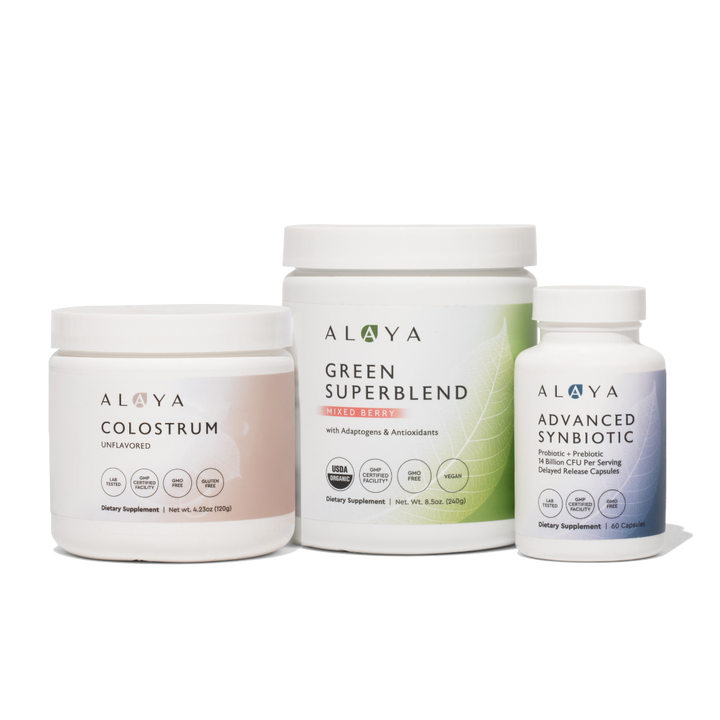 Alaya Naturals Colostrum, Green Superblend, and Advanced Synbiotic on a white background.