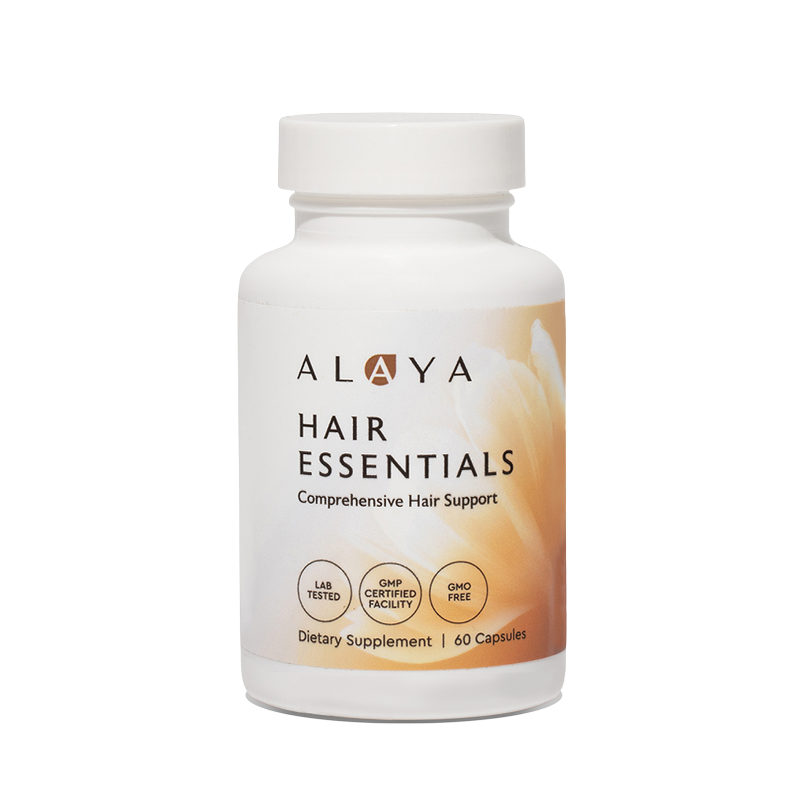 Alaya Hair Essentials supplement bottle on a clear background #hide