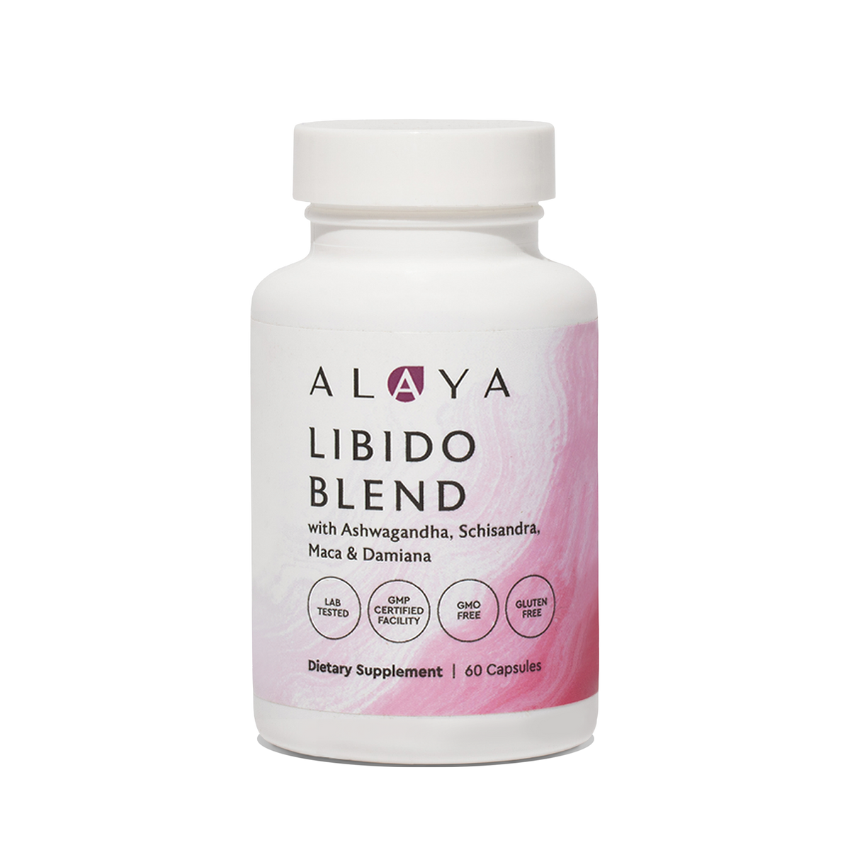 Alaya Libido Blend supplement bottle on a clear background #hide