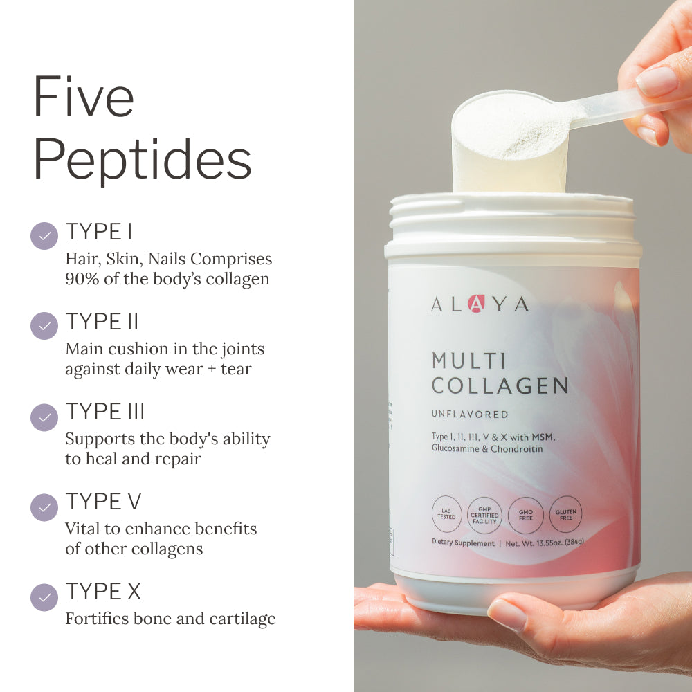 ALAYA Multi Collagen supplement with a scoop of powder, labeled with five peptide types.
