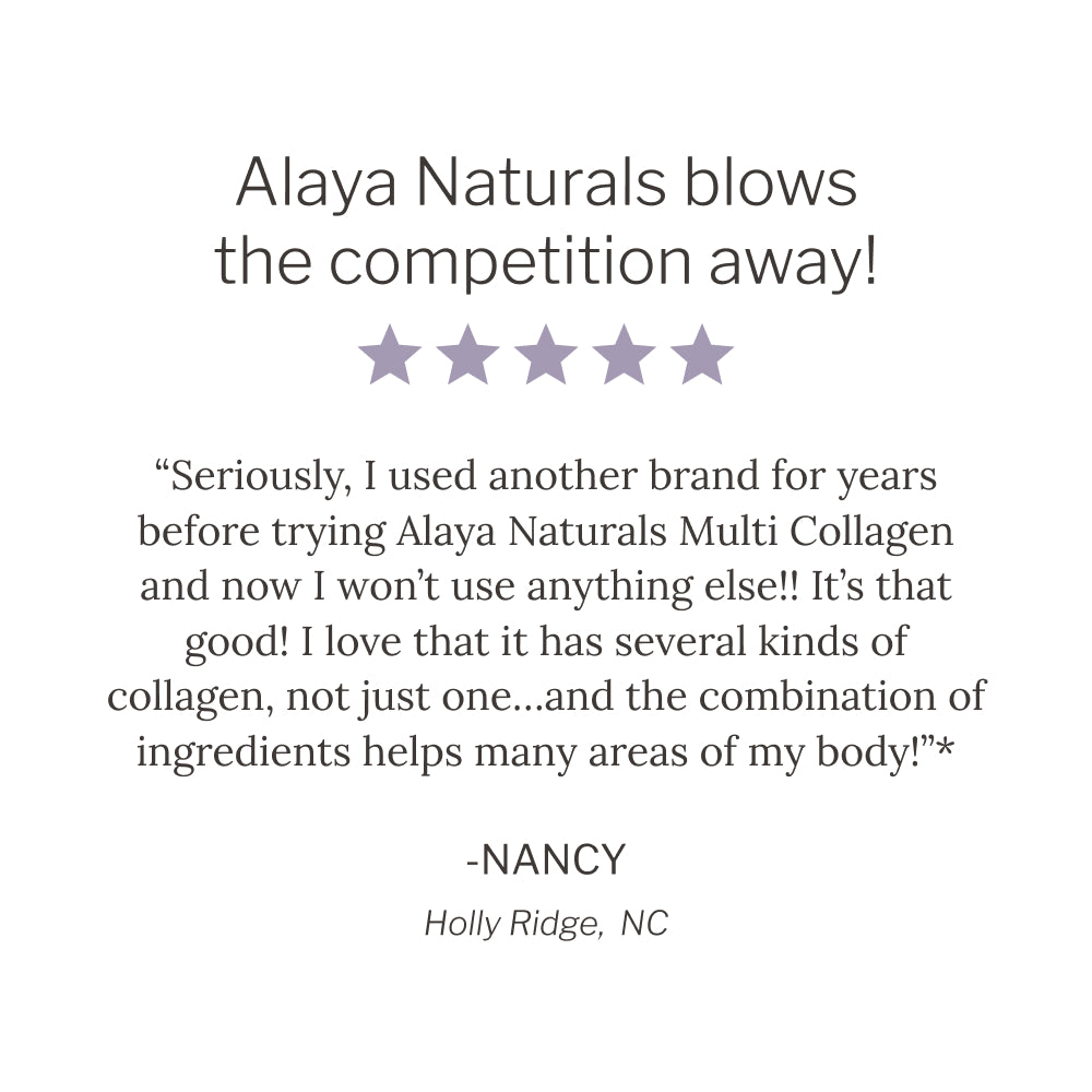 Positive review of Alaya Naturals product with five stars and a quote from a customer named Nancy. 