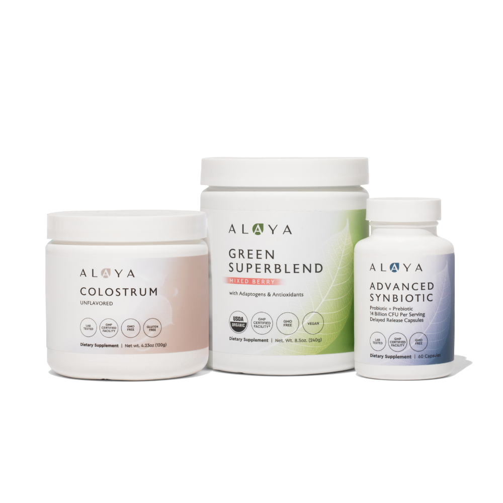 Three Alaya Naturals products including Colostrum, Green Superblend, and Advanced Synbiotic on a white background.