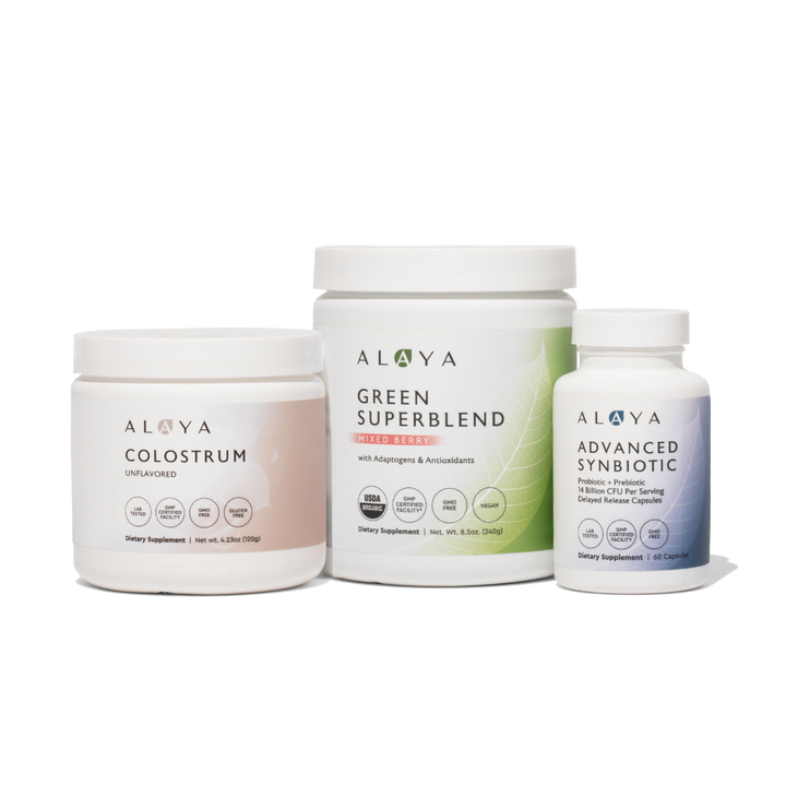 Three Alaya Naturals products including Colostrum, Green Superblend, and Advanced Synbiotic on a white background.