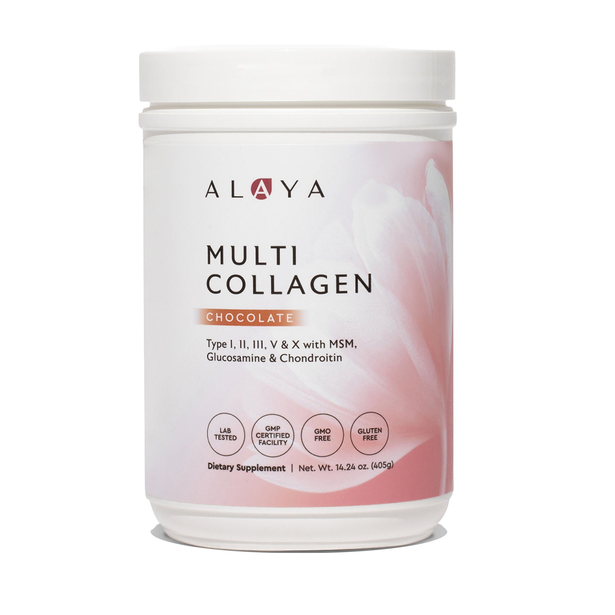 Alaya Multi Collagen Chocolate Powder supplement bottle on a white background #flavor_chocolate