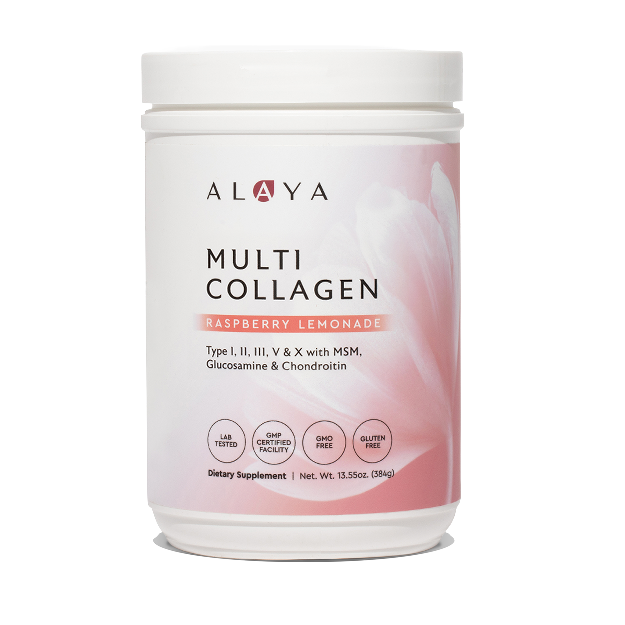 Alaya Multi Collagen Raspberry Lemonade Powder supplement bottle on a clear background #flavor_raspberry-lemonade