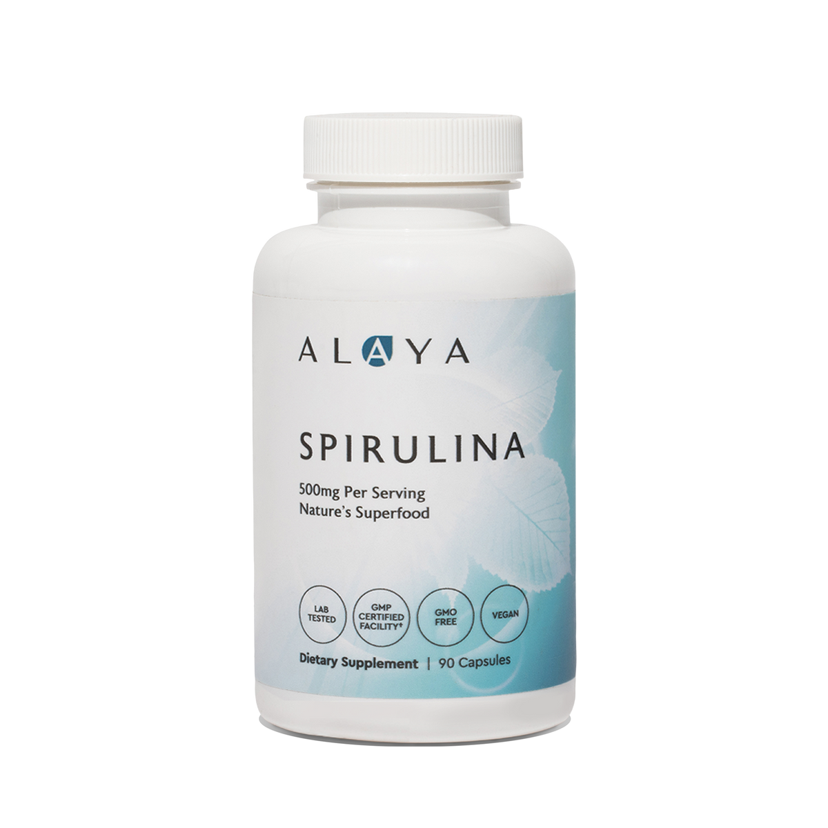 Alaya Spirulina supplement bottle on a clear background #hide