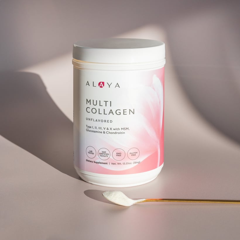 Alaya Multi Collagen jar with a scoop